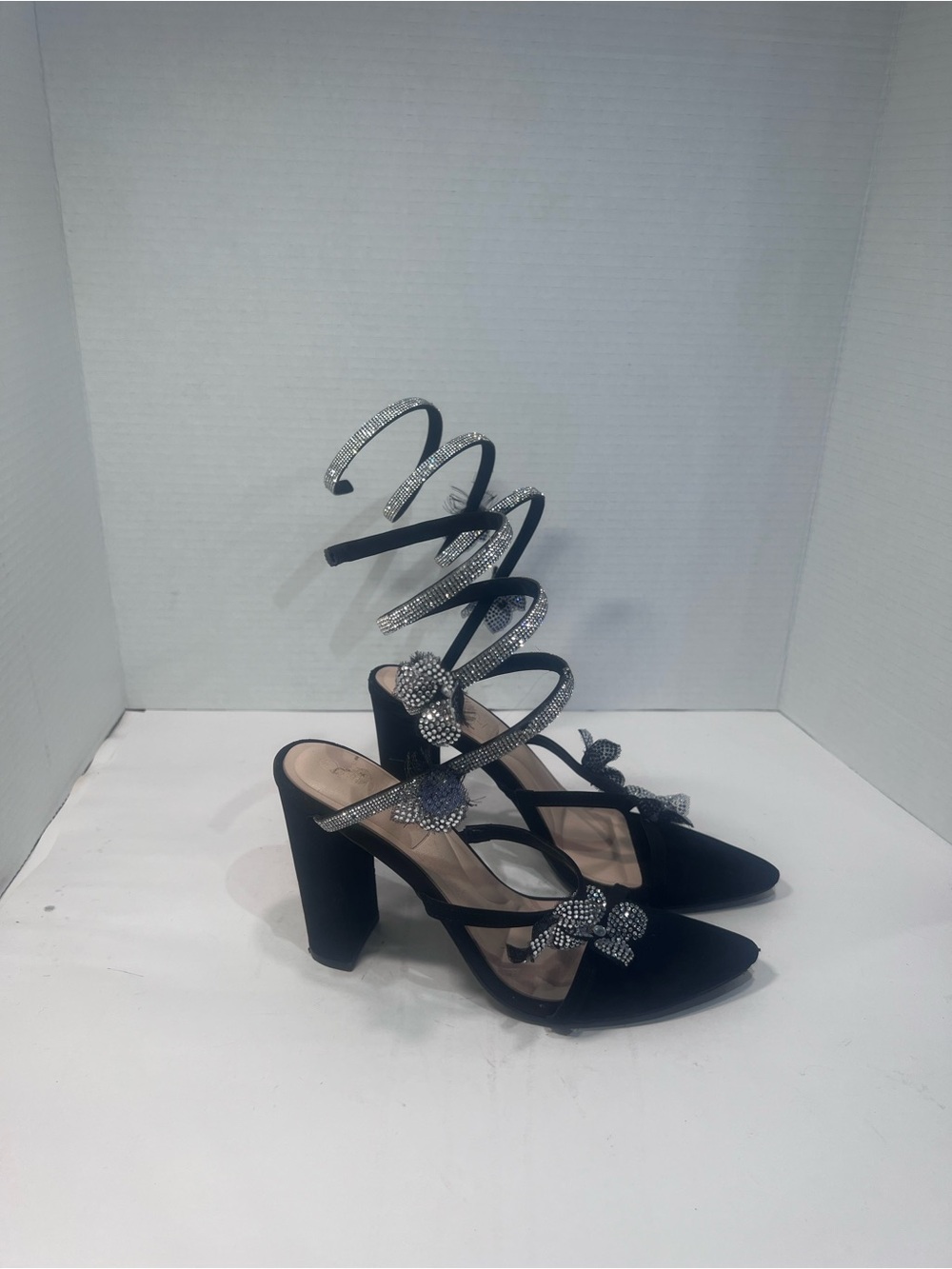 Wild Diva Black Rhinestone Spiral Strap Block Heels